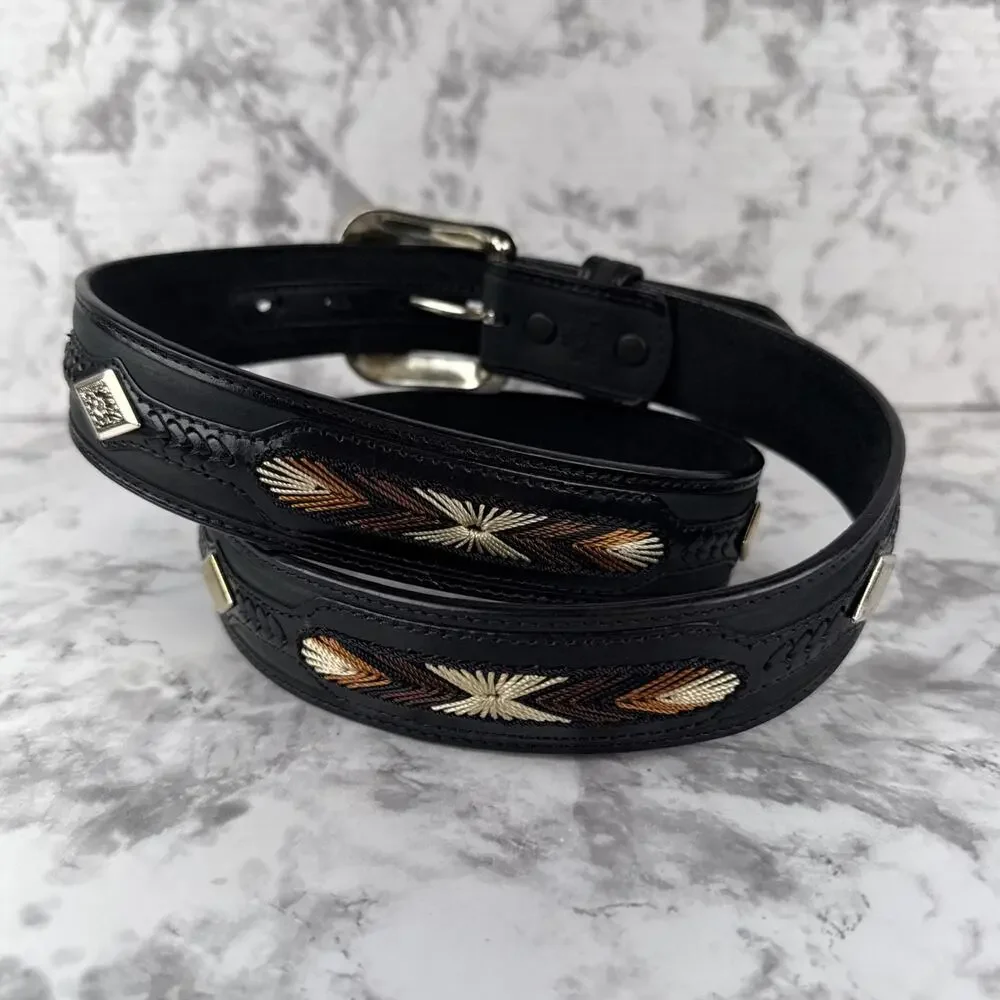 3D Mens Diamond Concho Embroidered Western Black Leather‎ Belt Size 40